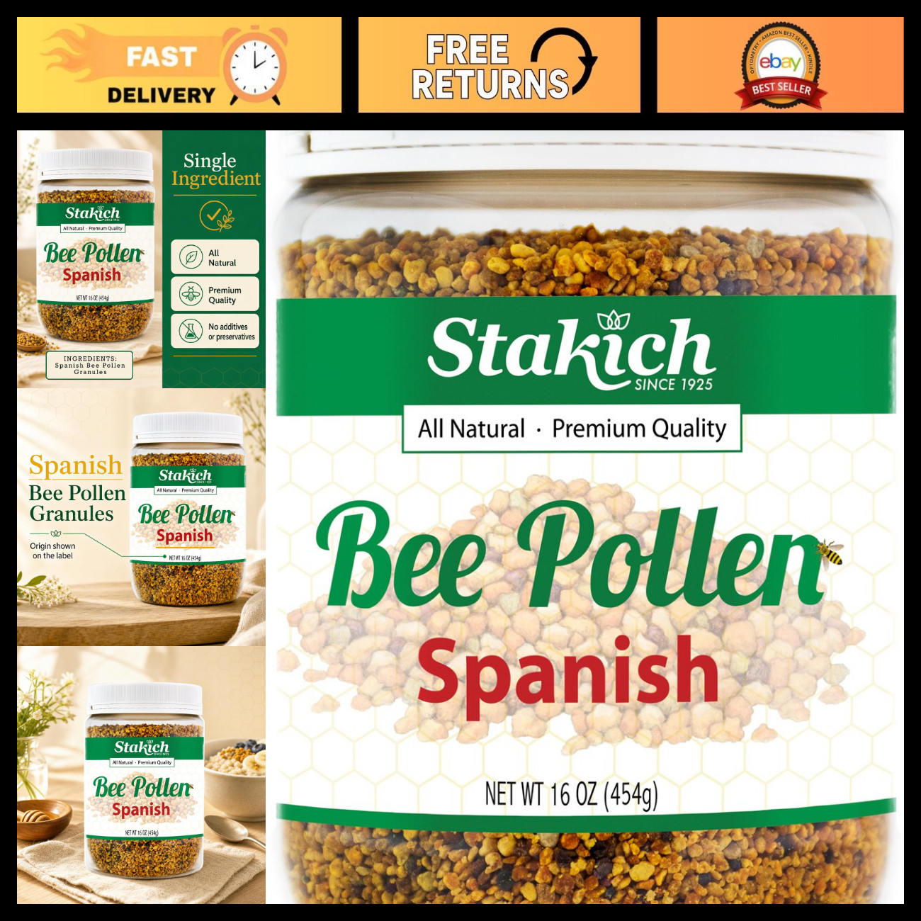 Pure Spanish Bee Pollen Granules - Natural, Unprocessed, 1 lb (16 oz) - Superfoo Pure Spanish Bee Pollen Granules - Natural, Unprocessed, 1 lb (16 oz) - Superfoo