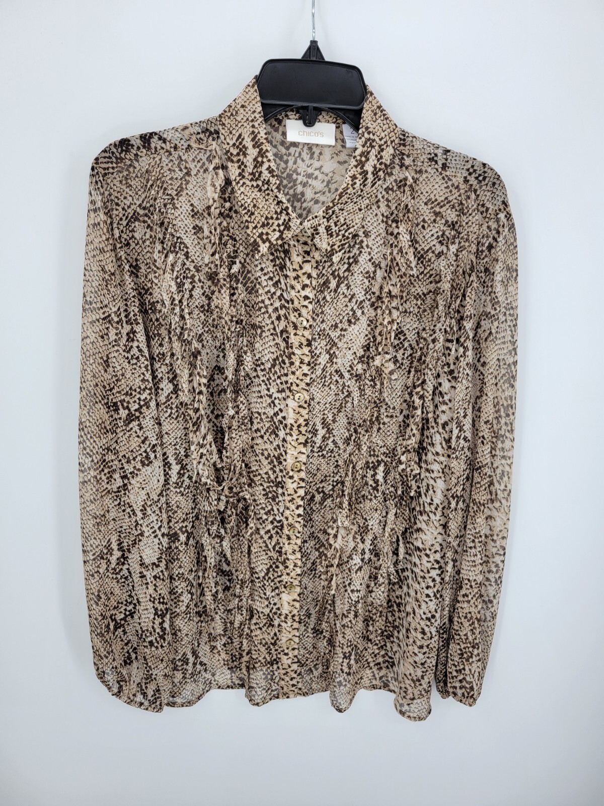 Chicos 2 Top Womens Large Brown Animal Print Chiffon Ruffled Button Up Boho Art