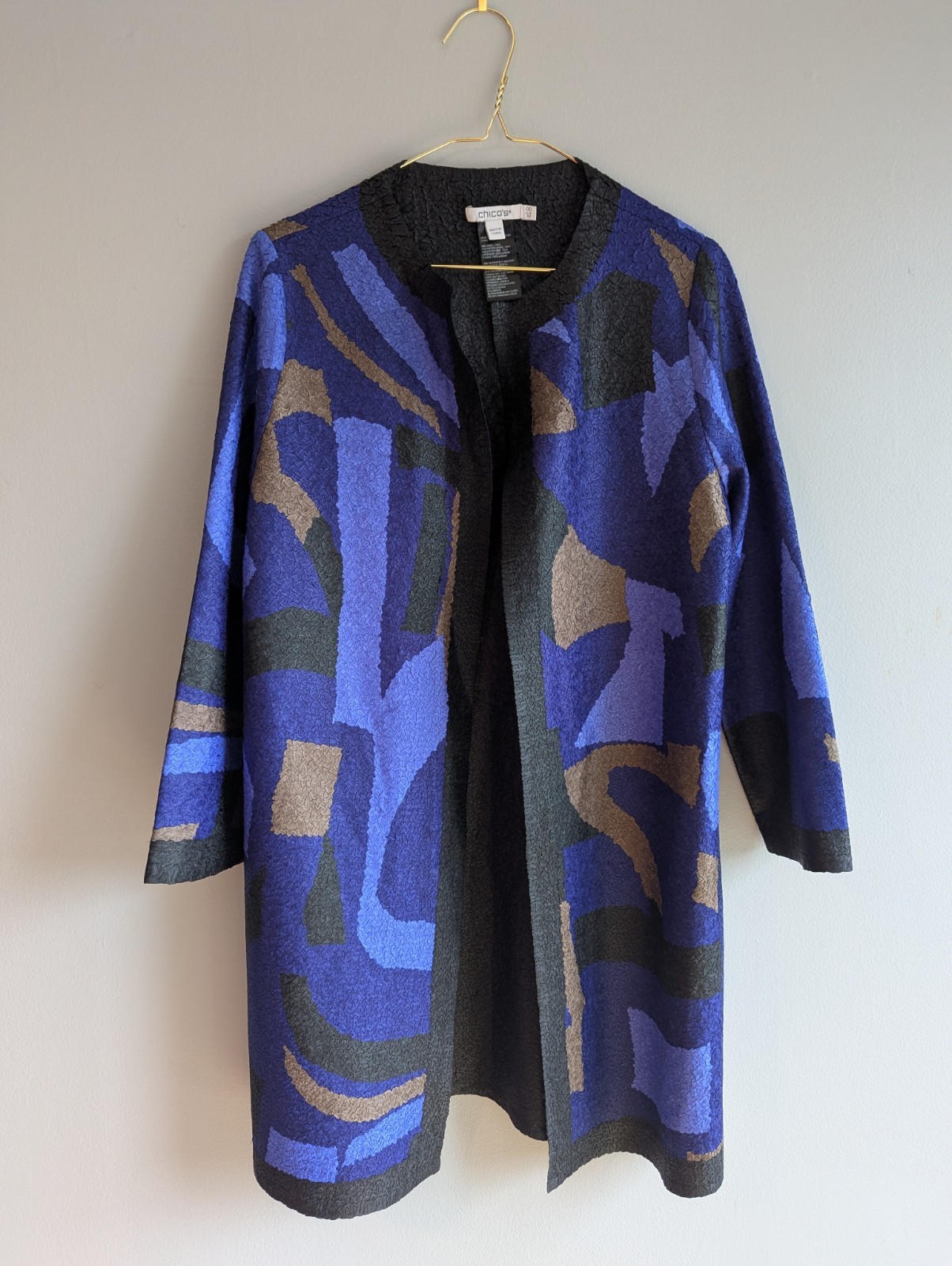 Chicos Blue Geometric Abstract Women\'s Lightweight Jacket Excellent Cond Sz 00 Chicos Blue Geometric Abstract Women\'s Lightweight Jacket Excellent Cond Sz 00