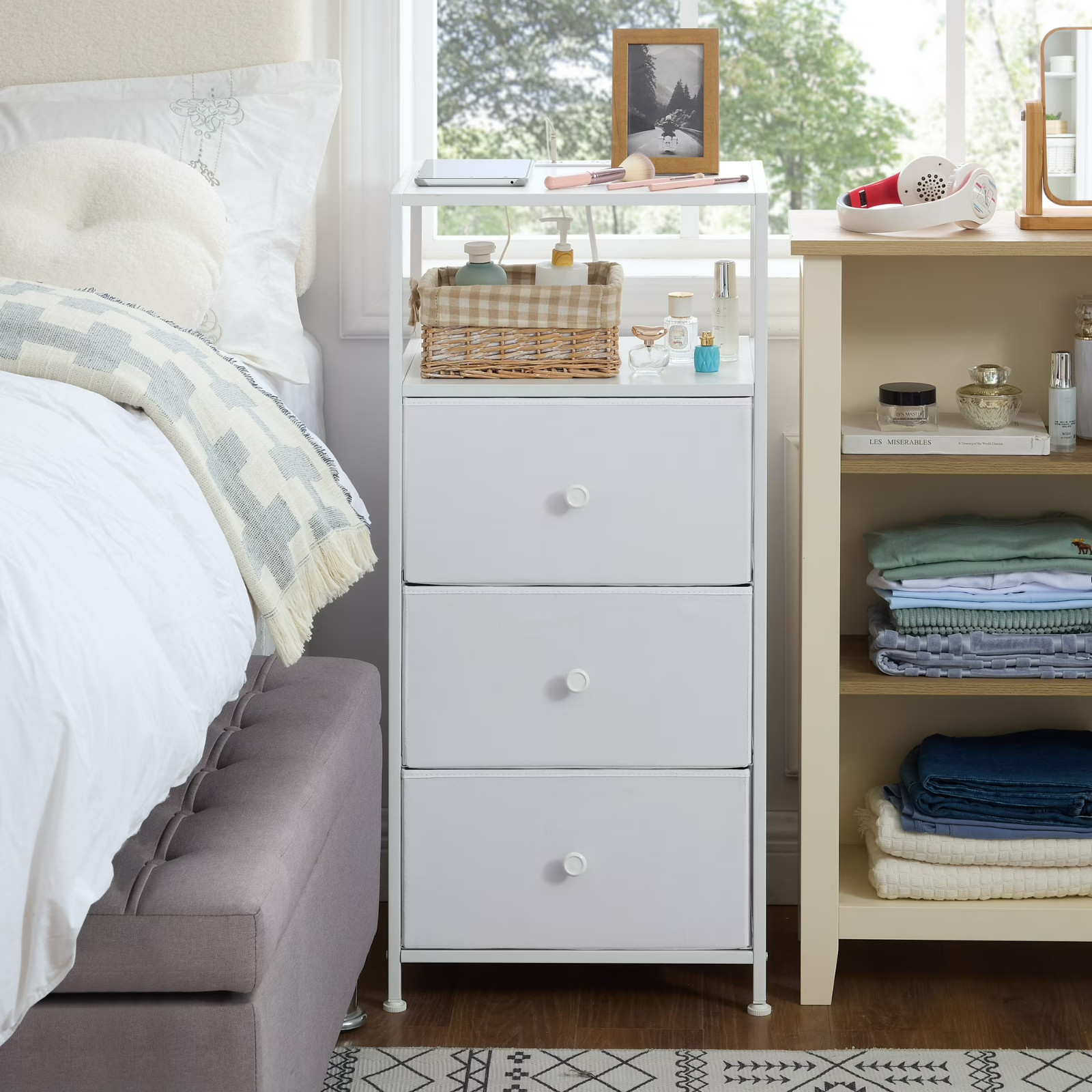 Mainstays 3 Drawer Fabric Nightstand with USB, Arctic White Boucle