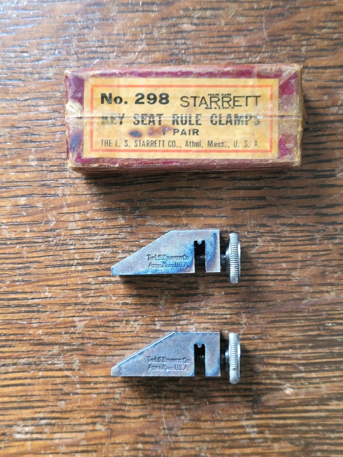 (2) Vintage Starrett (The L. S. S. Co.) No. 298 Key Seat Rule Clamps w/Box (2) Vintage Starrett (The L. S. S. Co.) No. 298 Key Seat Rule Clamps w/Box