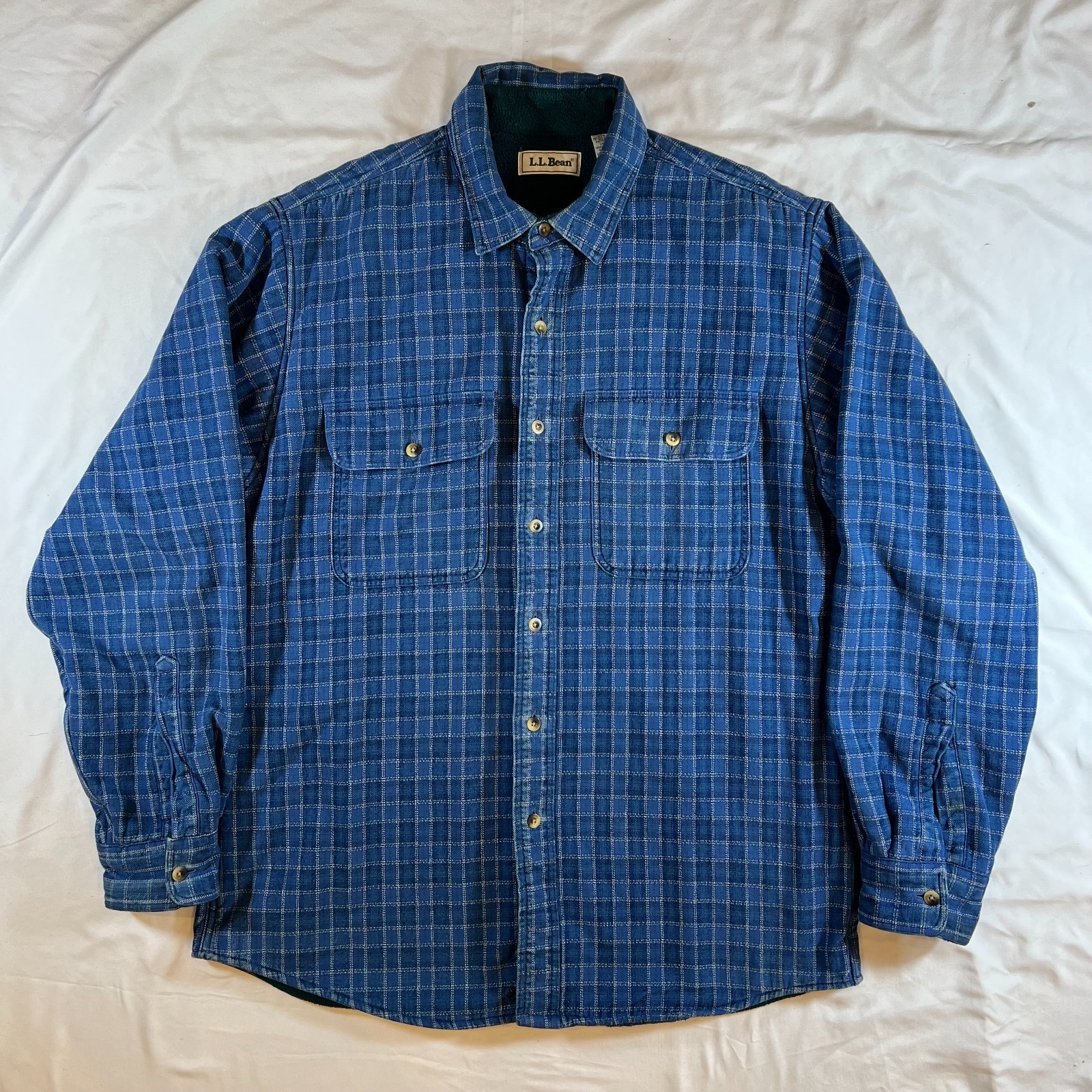Vintage LL Bean Fleece Lined Flannel Shirt Mens M USA Made Blue Plaid Shacket