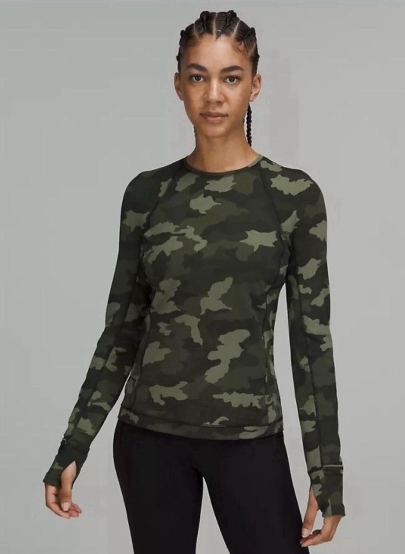EUC Lululemon Rulu Run Long SleeveShirt in Heritage 365 Camo Medium Olive SIZE 4