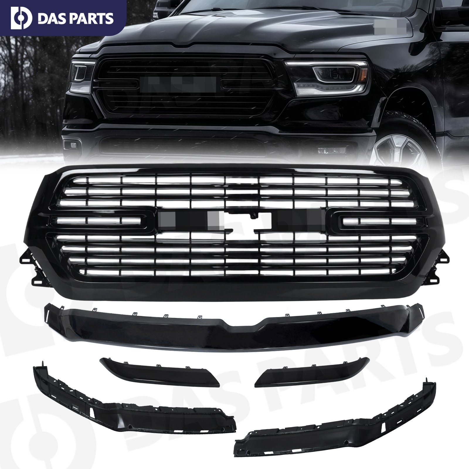 Gloss Black Front Bumper Grille Trim Molding Set For 2019-2023 Dodge Ram 1500