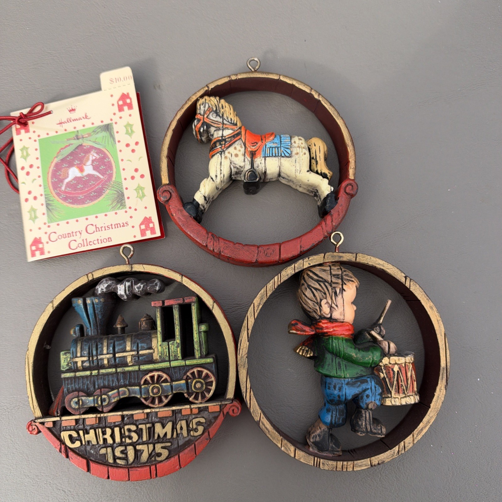 Vintage 1975 Hallmark Ornaments Train, Drummer, Horse Lot (3) Vintage 1975 Hallmark Ornaments Train, Drummer, Horse Lot (3)