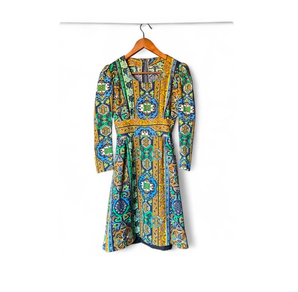 1970s Vintage Handmade In Israel Green, Blue, Gold Floral Motif Dress, S 1970s Vintage Handmade In Israel Green, Blue, Gold Floral Motif Dress, S