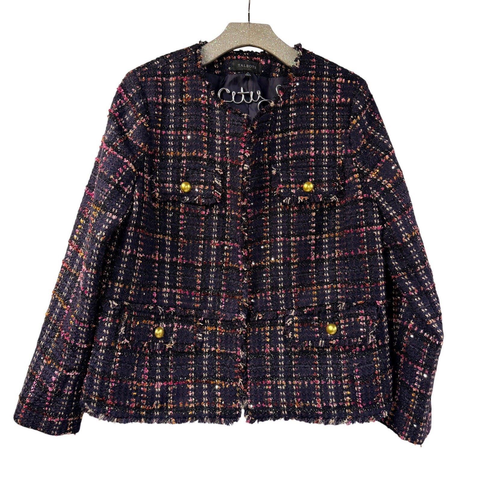 Talbots Purple Tweed Plaid Jacket 14 Gold Buttons Metallic Plus Size Blazer Talbots Purple Tweed Plaid Jacket 14 Gold Buttons Metallic Plus Size Blazer