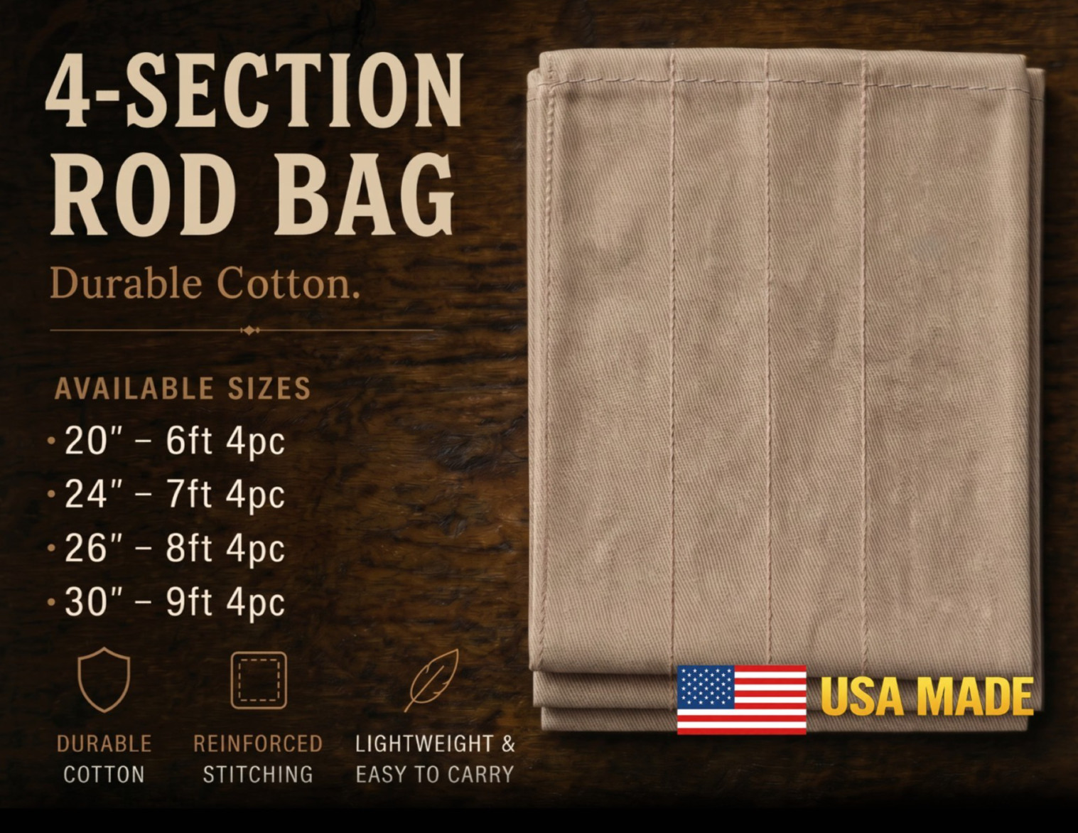 Khaki Cloth Rod Bag – Fits 4pc Fly Rods - Fly Rod Sock - 4 sizes - USA Khaki Cloth Rod Bag – Fits 4pc Fly Rods - Fly Rod Sock - 4 sizes - USA