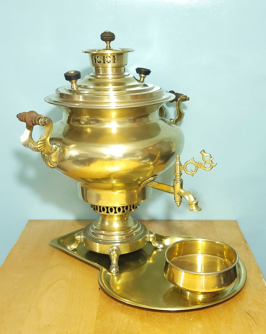 Large Antique Russian Brass Turnip-Shaped Samovar Moscow c1900 w/ Kolchugin Tray