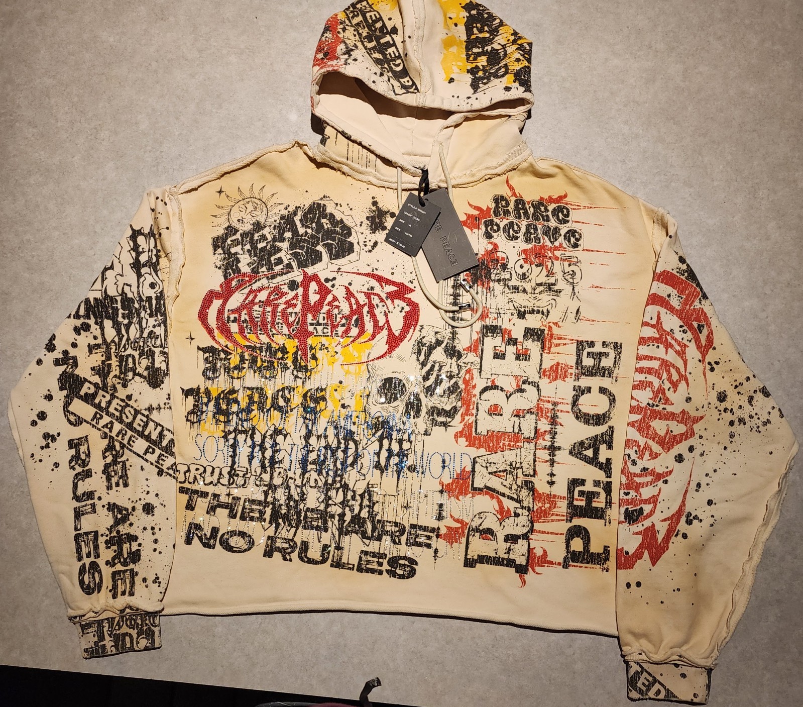 Rare Peace Mens Skull Rhinestone Graffiti Hoodie Cream Y2K Streetwear Large