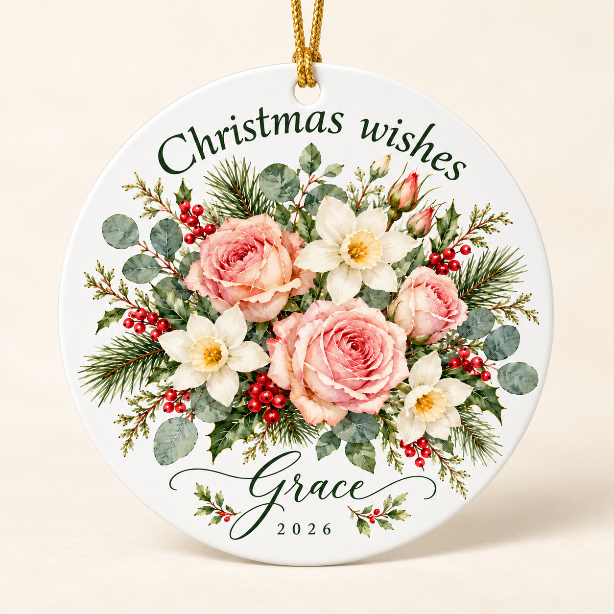 Personalized Floral Christmas Ornament Watercolor Roses Custom Name Metal Gift