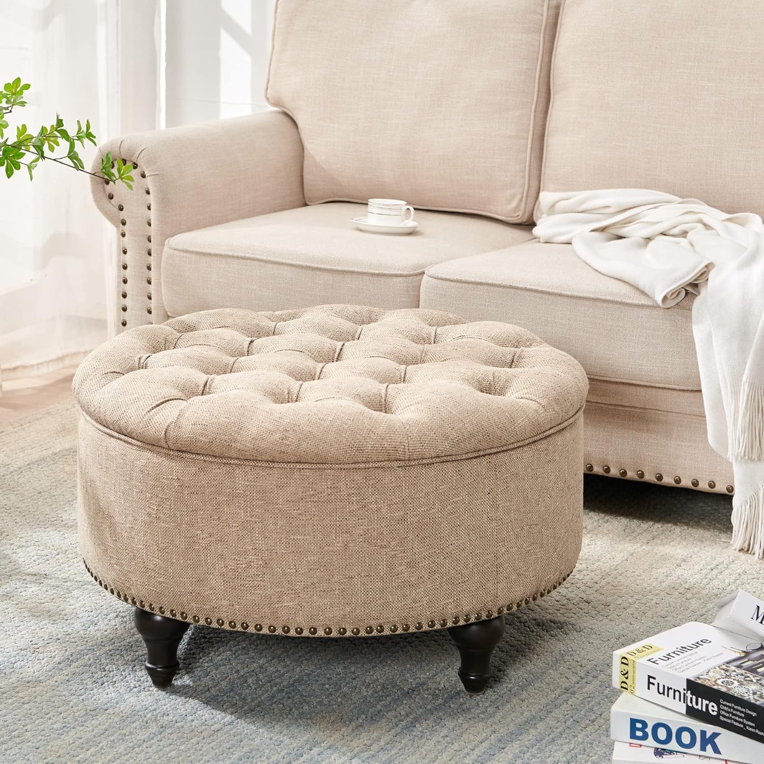 Large Round Storage Ottoman Tan Light Brown Linen Button Tufted 30\