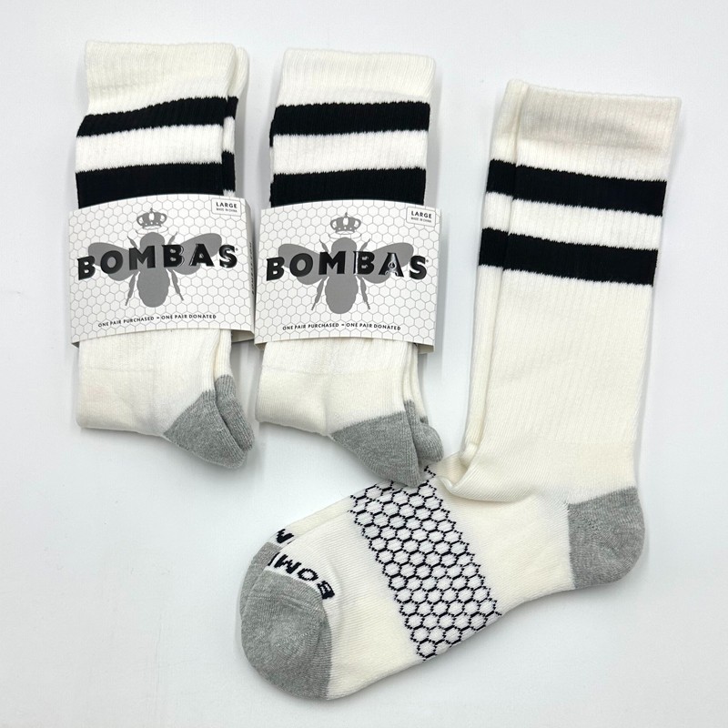 3 pairs BOMBAS Men\'s Cushioned Vintage Stripes Calf Socks Size L 9.5-13 White 3 pairs BOMBAS Men\'s Cushioned Vintage Stripes Calf Socks Size L 9.5-13 White