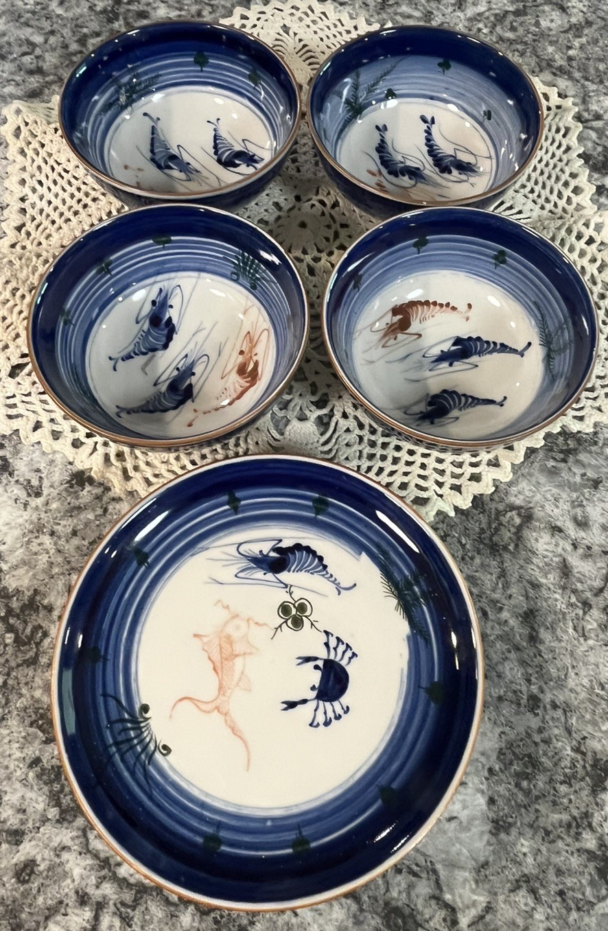 Vintage Japanese Rice Ramen 4 Bowls 4 Plates Pattern Shrimp Crab Porcelain Blue Vintage Japanese Rice Ramen 4 Bowls 4 Plates Pattern Shrimp Crab Porcelain Blue