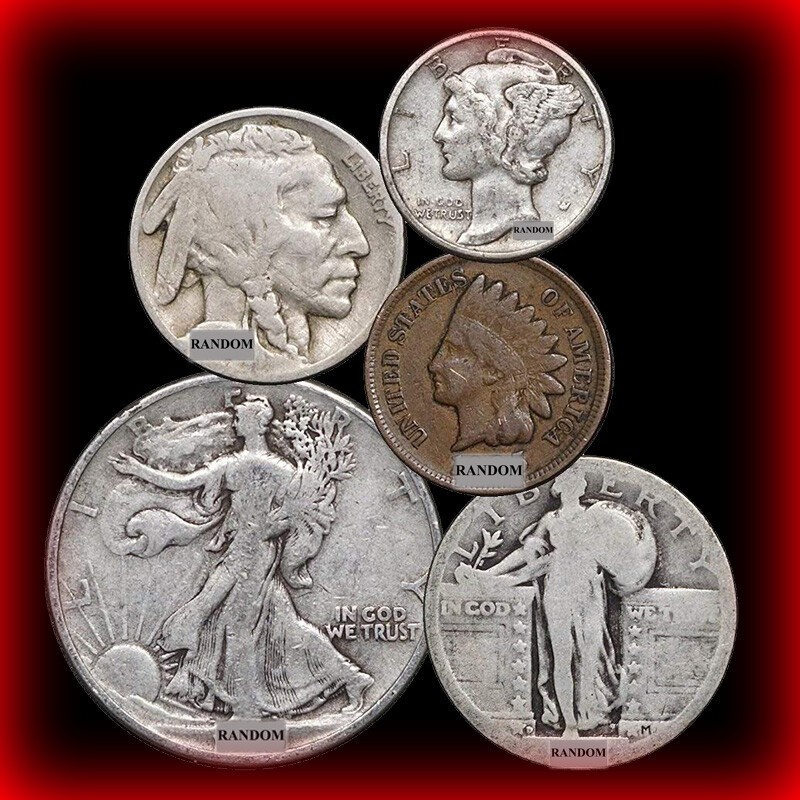 5 Coin Collection Set - 90%  Old U.S. Silver , Indian Buffalo , FREE SILVER CERT