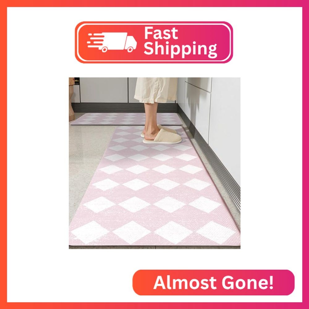 VivaNest Pink Moroccan Trellis Checkered Kitchen Rug Sets [2 PCs], Anti-Fatigue,