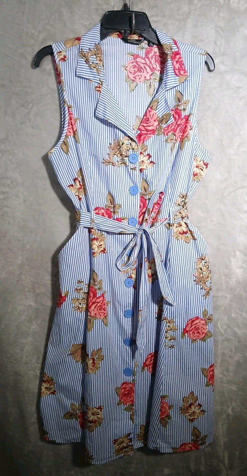 Mlle Gabrielle Fit & Flare Dress Womens XL Blue 100% Cotton Floral Stripe Belted