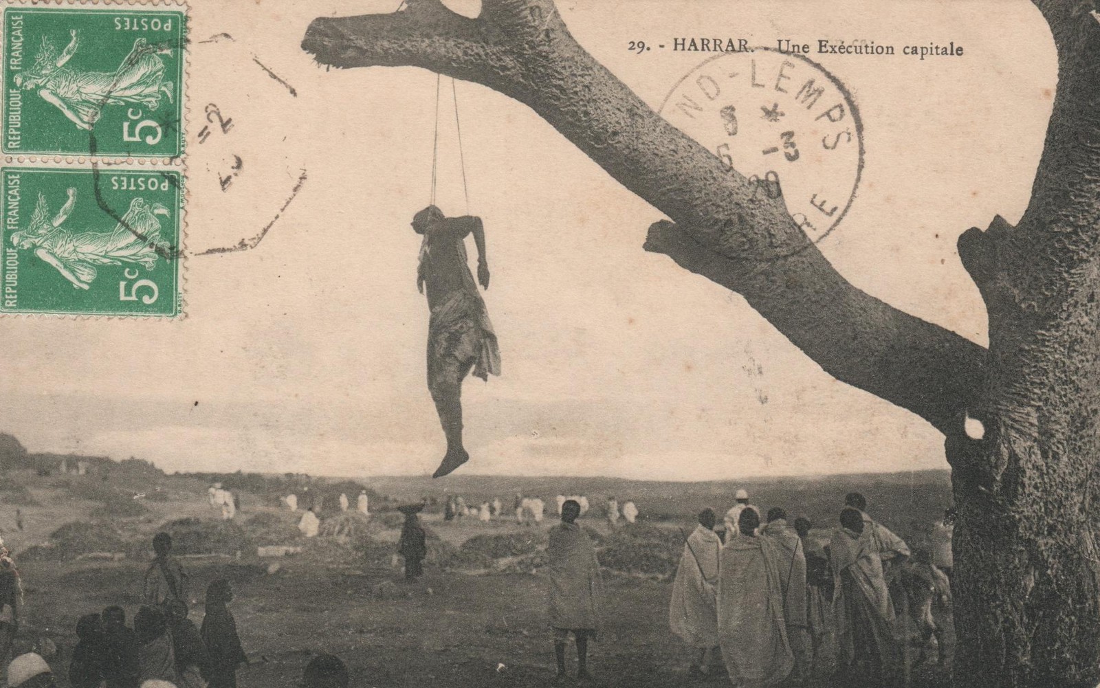1920 Ethiopia Harrar Une Execution Capitale Postcard Lion of Judah Stamp Mark
