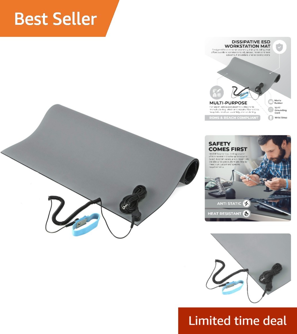 Complete ESD Mat Kit: 2.5ft x 4ft Anti-Static Mat, Cord & Wrist Strap in Gray