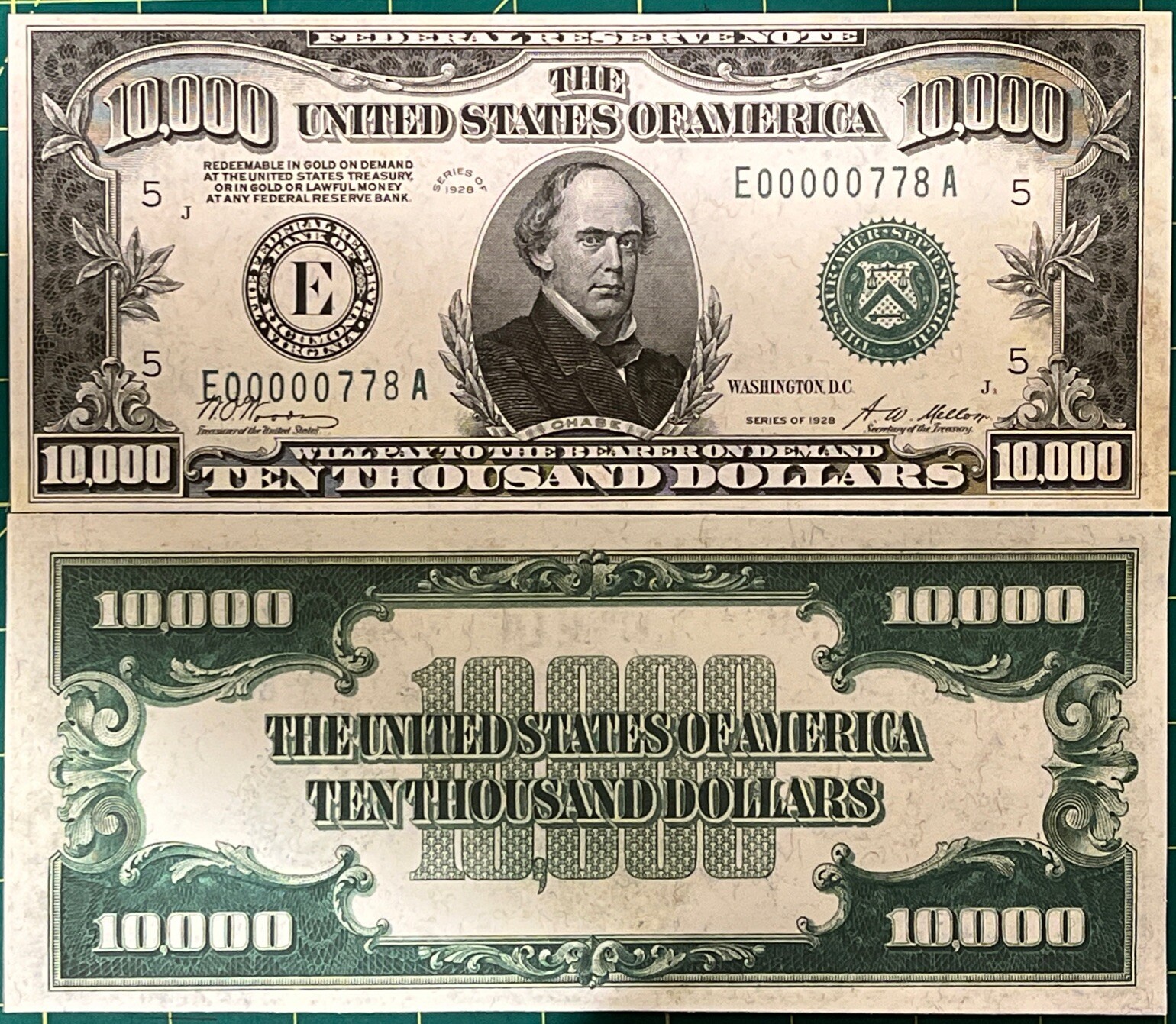 Reproduction US 1928 $10,000 Bill Federal Reserve Note Copy USA See Description