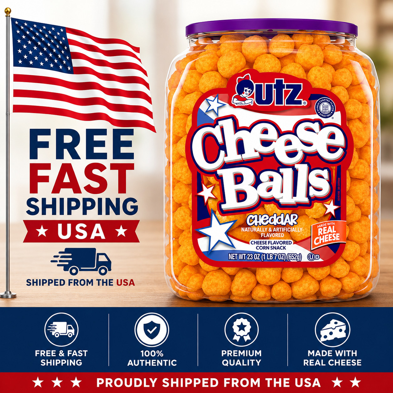 Utz Cheese Balls, 23 oz Barrel 