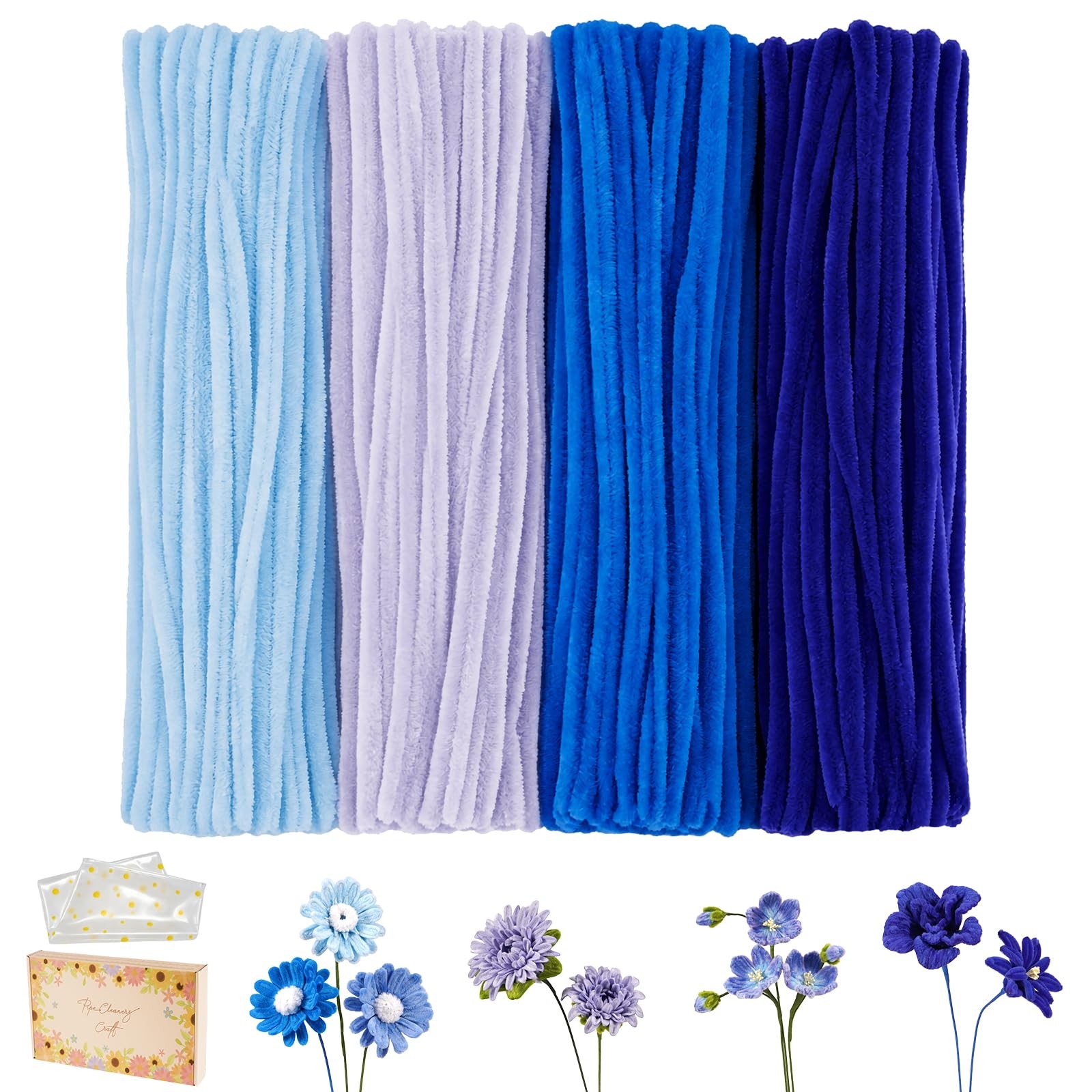 400 Pcs Pipe Cleaners Bulk, 4 Color Blue 7MM Thick Fluffy Chenille Stems for ...