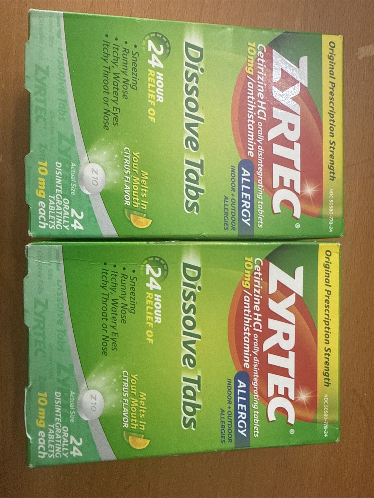 2 Zyrtec Allergy Dissolve Tab 24Hr Relief Cetirizine HCl Citrus 24/ct Exp: 07/27 2 Zyrtec Allergy Dissolve Tab 24Hr Relief Cetirizine HCl Citrus 24/ct Exp: 07/27