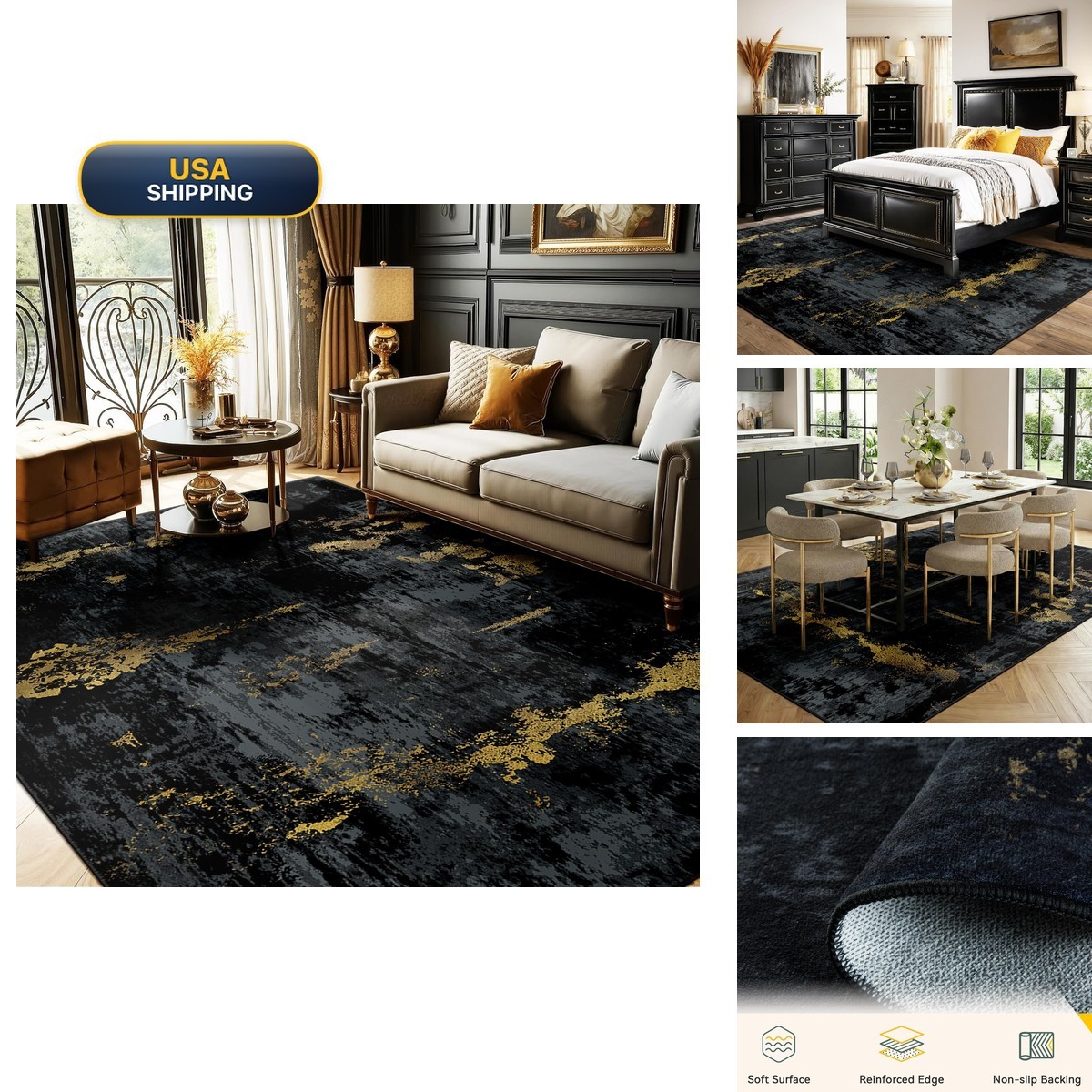 RELEANY Washable 8\'x10\' Black Gold Area Rug RELEANY Washable 8\'x10\' Black Gold Area Rug