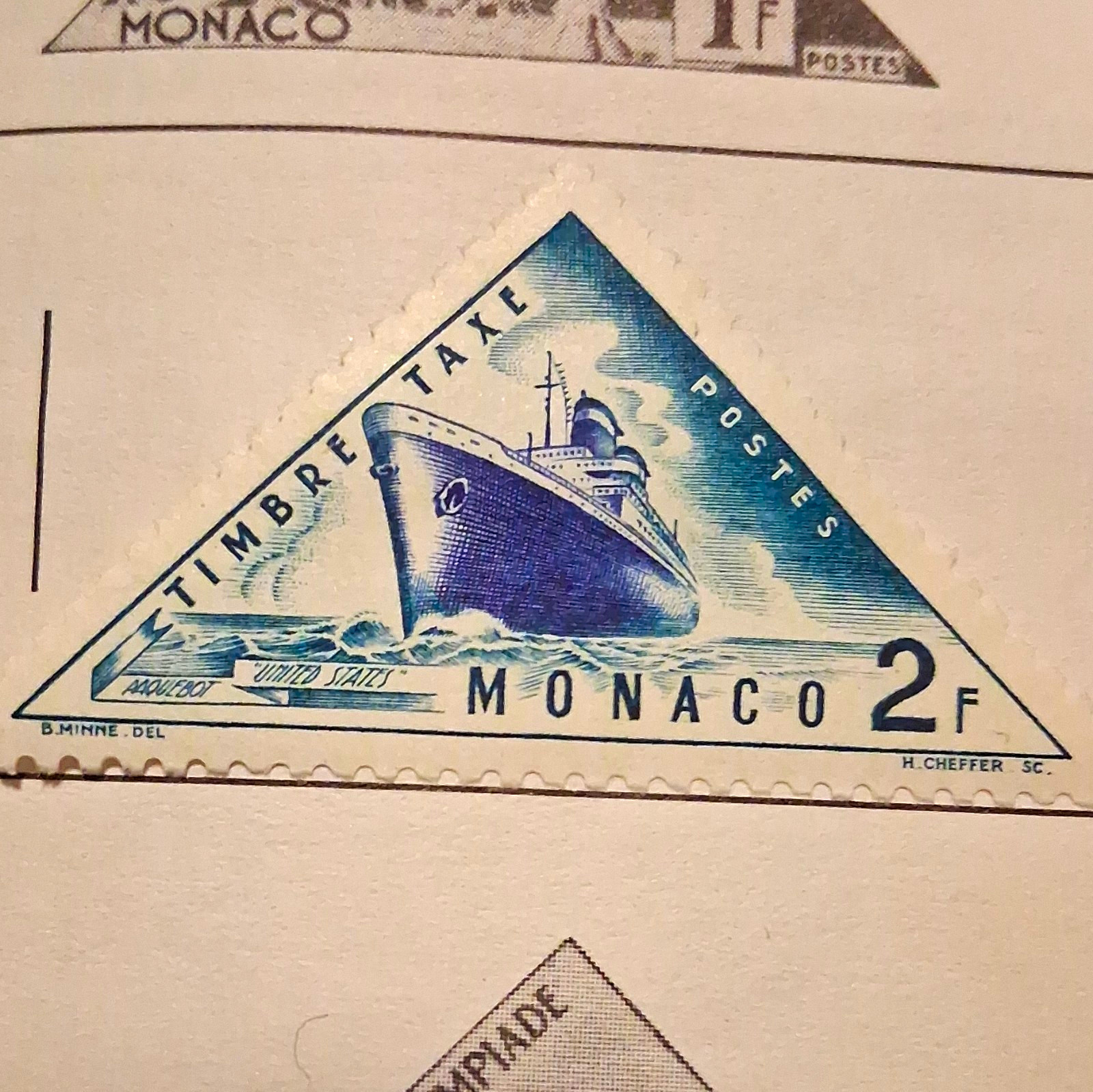 Monaco 2F Postage Stamp Ship Design Blue Mint Never Hinged/MNH Monaco 2F Postage Stamp Ship Design Blue Mint Never Hinged/MNH