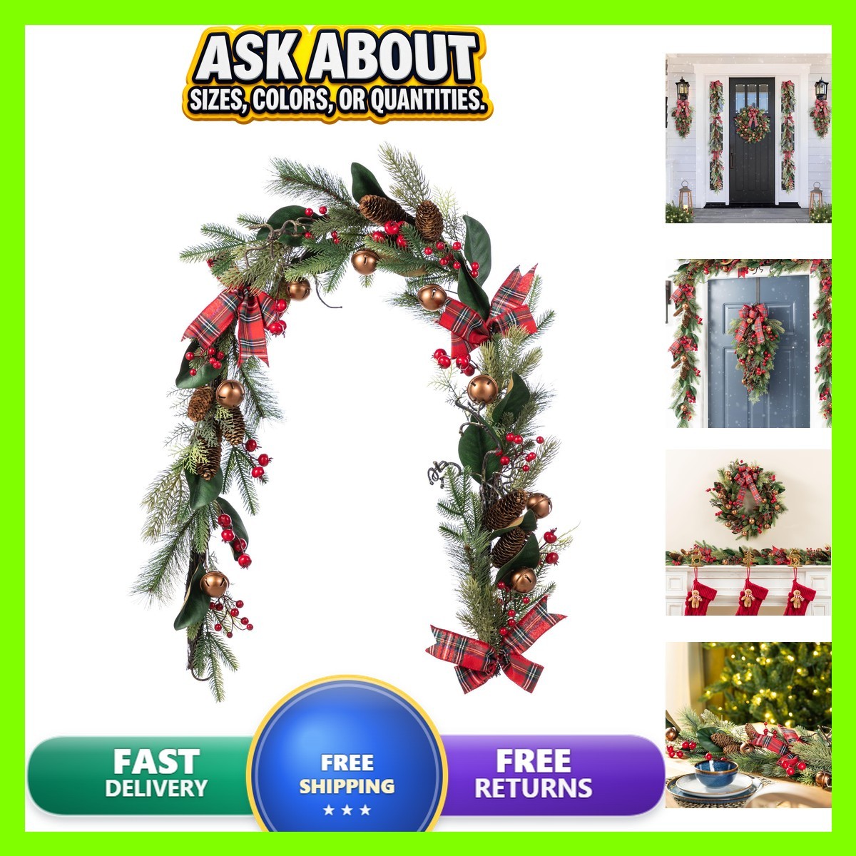 Glitzhome 6FT Christmas Garland with Bells Pinecones Berries Bow Pre-Decorated
