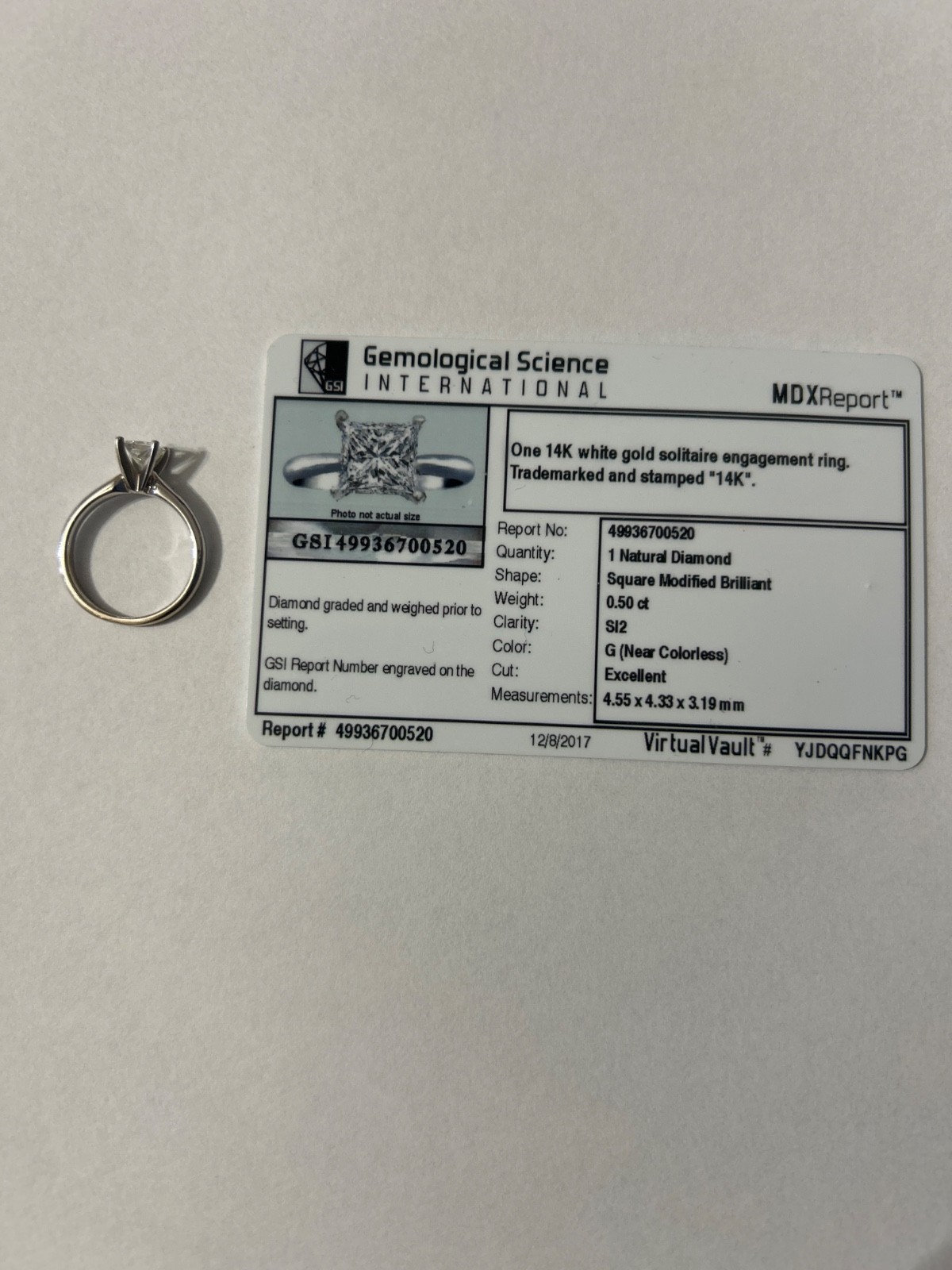 One 14K White gold solitaire engagement ring. 0.50ct Diamond