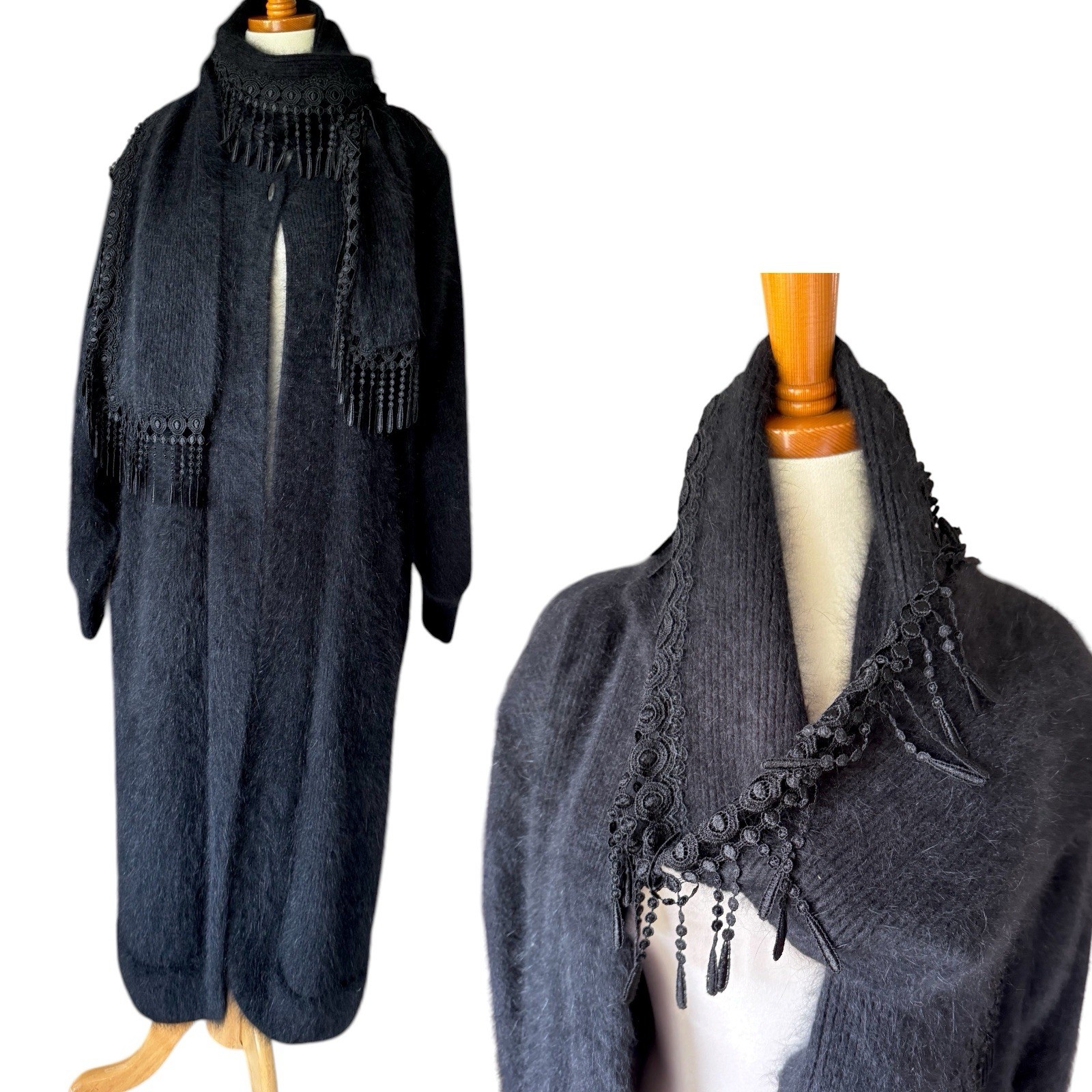 Vntg Venesha Black Angora Sweater Coat Long Lined Knit Duster w/ Fringe Scarf S Vntg Venesha Black Angora Sweater Coat Long Lined Knit Duster w/ Fringe Scarf S