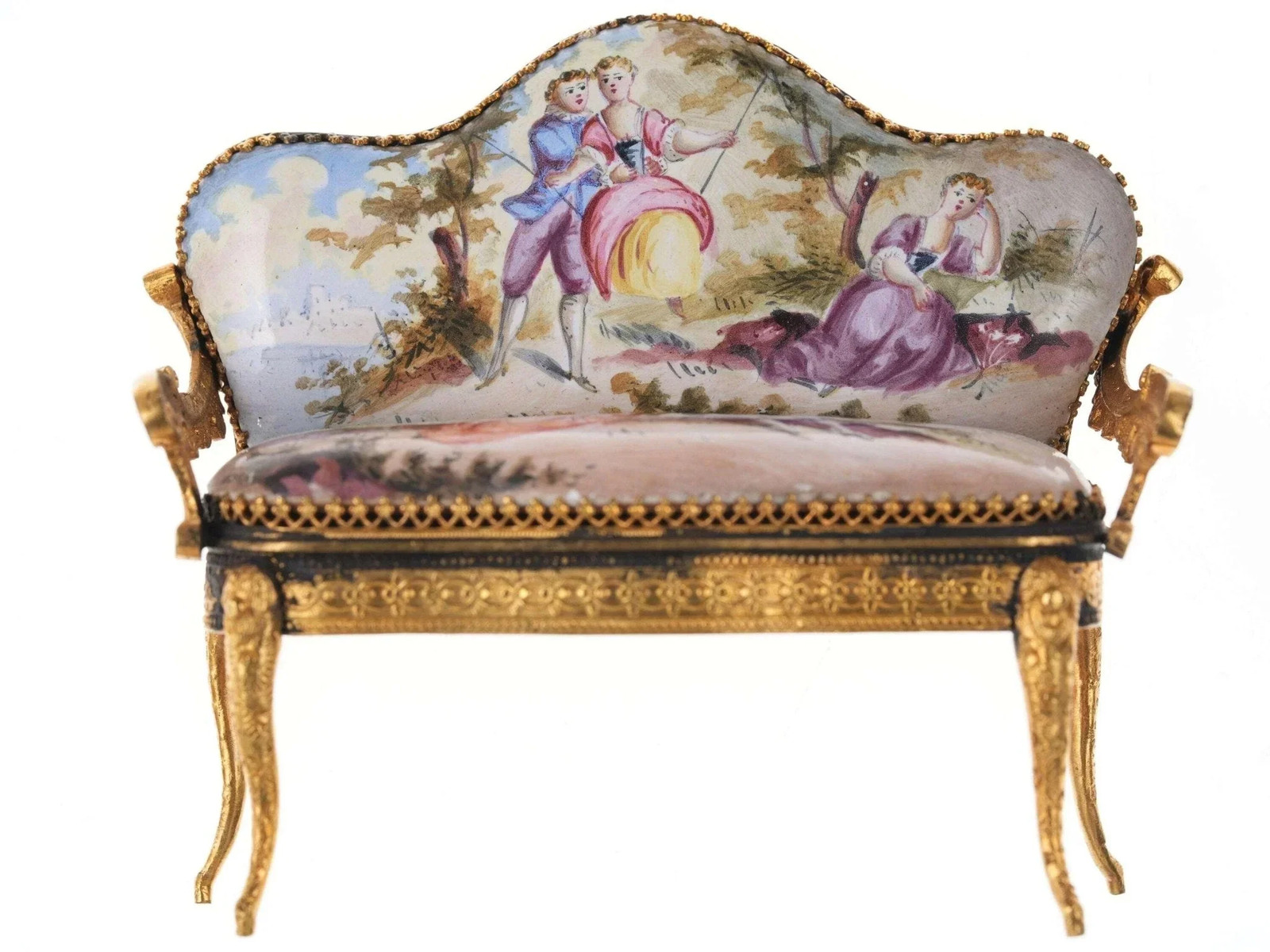 c1890 Antique Miniature Viennese Dore Bronze and Hand Painted Enamel Settee c1890 Antique Miniature Viennese Dore Bronze and Hand Painted Enamel Settee