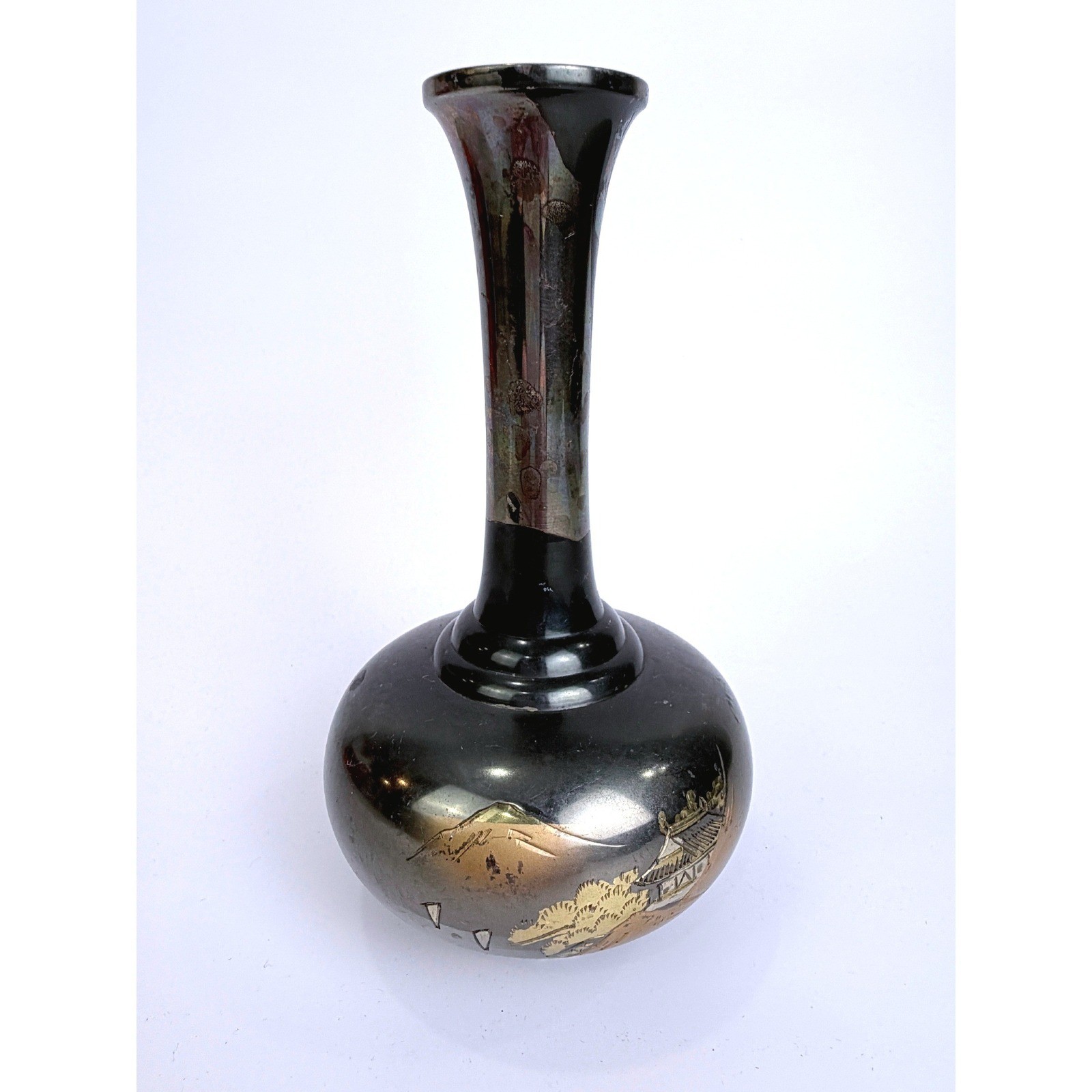 Vintage Japanese Amita Damascene Bud Vase Black Gold Silver Pagoda Mt Fuji 6.25\