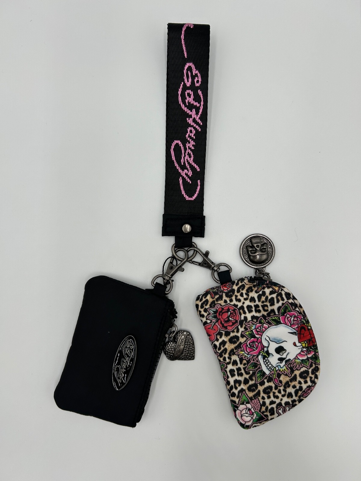Ed Hardy Wristlet Coin Purse Pouch Set Leopard Print Skull Roses Nylon NWT Y2K Ed Hardy Wristlet Coin Purse Pouch Set Leopard Print Skull Roses Nylon NWT Y2K