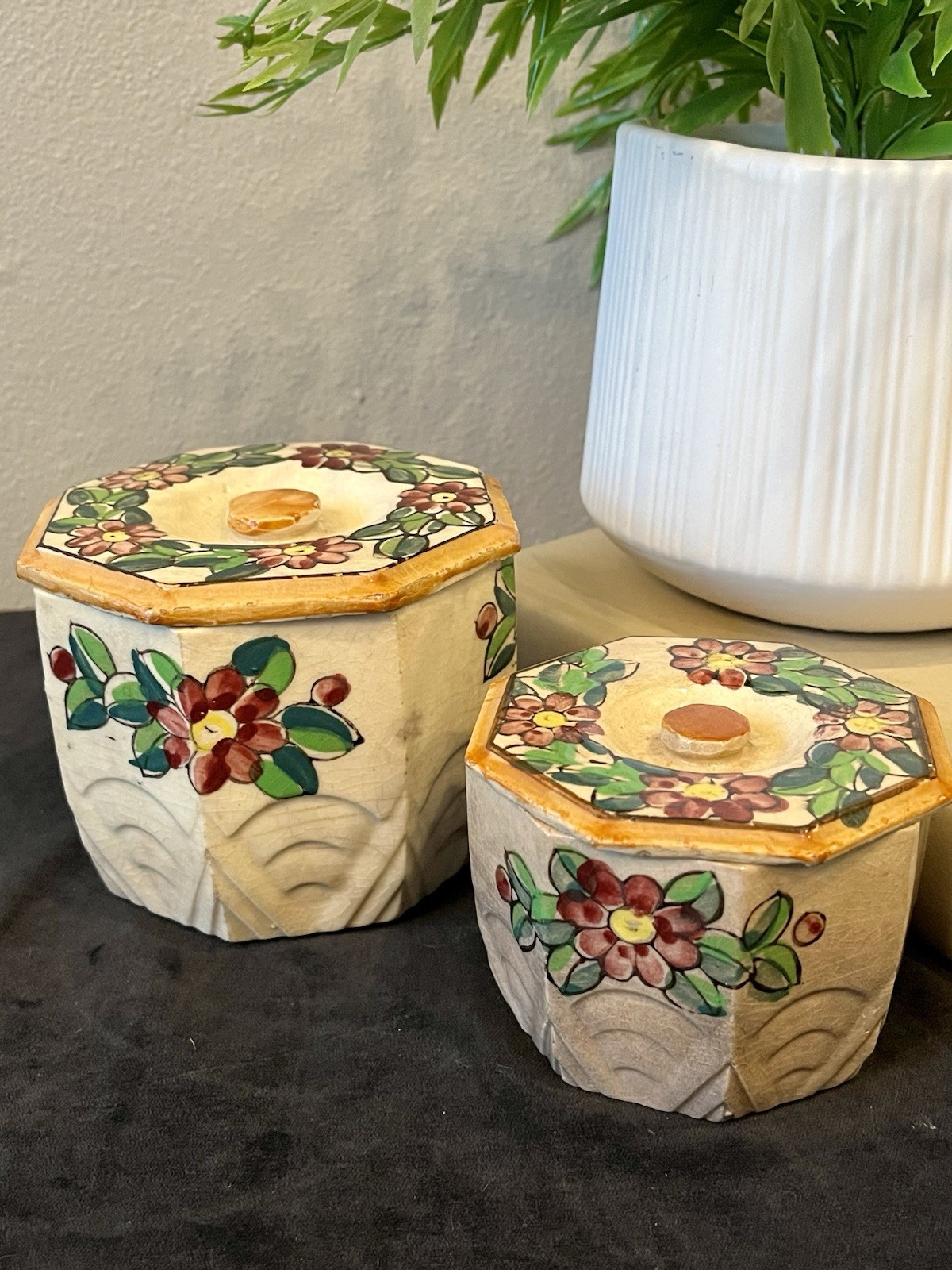 Vintage 1930s Made in Japan Nesting Trinket Boxes Hand Painted Floral Pottery