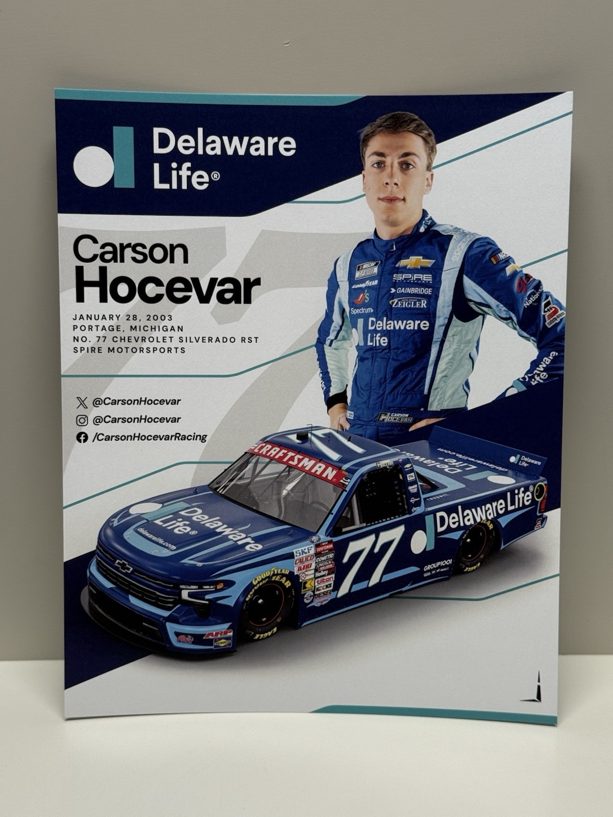 2026 Carson Hocevar #77 Delaware Life Truck 8x10 NASCAR Hero Card 2026 Carson Hocevar #77 Delaware Life Truck 8x10 NASCAR Hero Card
