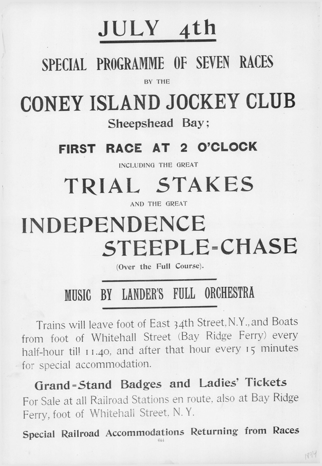 1894 JULY 4 CONEY ISLAND JOCKEY CLUB STEEPLE-CHASE 11x15 BROADSIDE AD POSTER