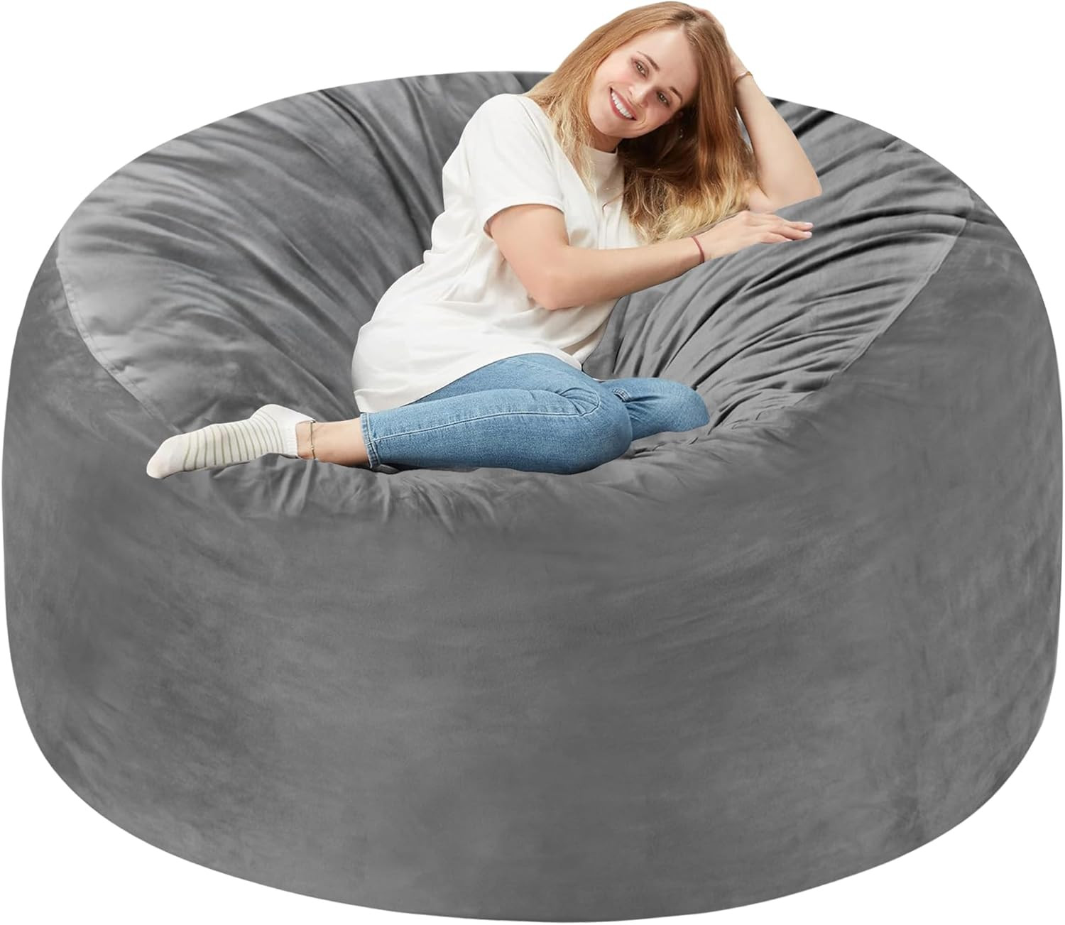 Giant 5FT Memory Foam Bean Bag Chair for Adults - Grey Velvet Comfort Giant 5FT Memory Foam Bean Bag Chair for Adults - Grey Velvet Comfort