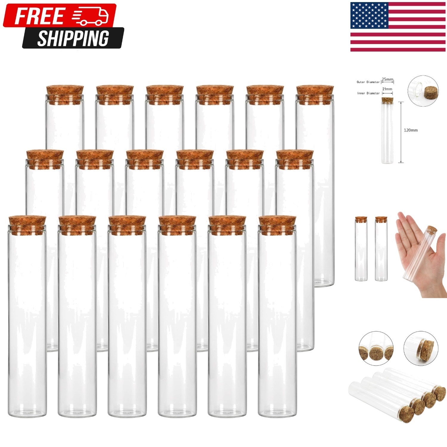18Pcs Glass  Tube, 25×120Mm Clear Flat  Tubes with Cork Stoppers for Pla