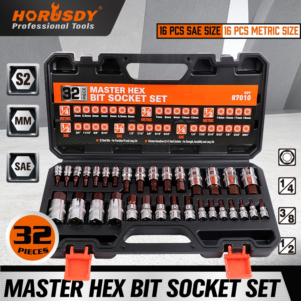 32PC Allen Head Hex Bit Socket High Torque Strengthened CR-V SAE Metric S2 Steel