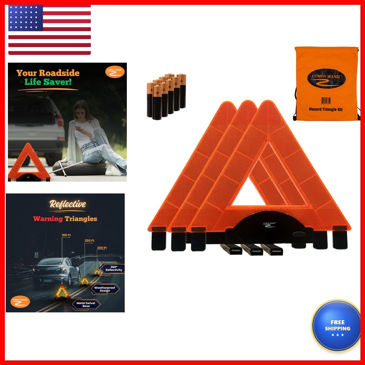 Lumen Wand 3 Pack LED Reflective Warning Triangles Safety Kit Lumen Wand 3 Pack LED Reflective Warning Triangles Safety Kit