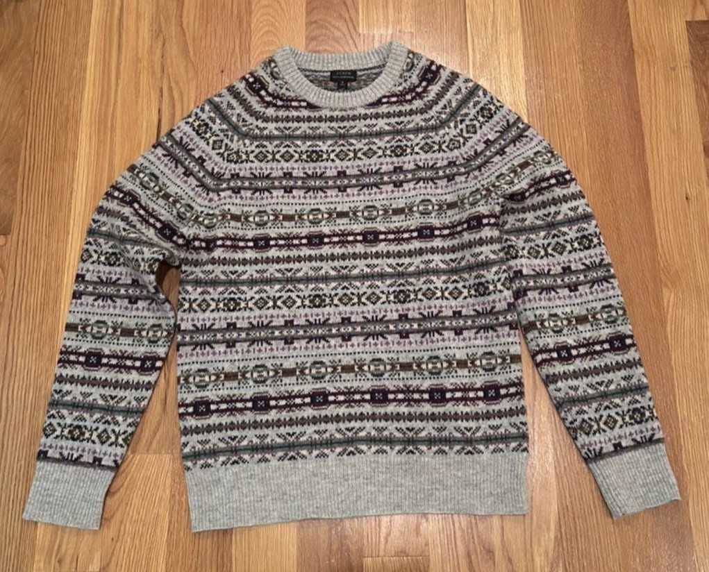 J.Crew Men\'s Fair Isle 100% Lambswool Crewneck Sweater Gray Size Small J.Crew Men\'s Fair Isle 100% Lambswool Crewneck Sweater Gray Size Small