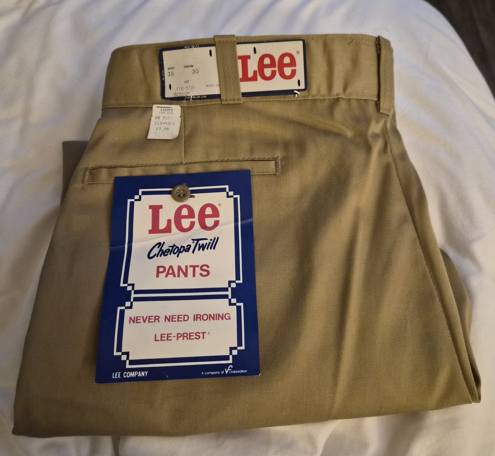 Vintage NOS Lee Chetopa Twill Work Pants USA Made 36x30 Kahki