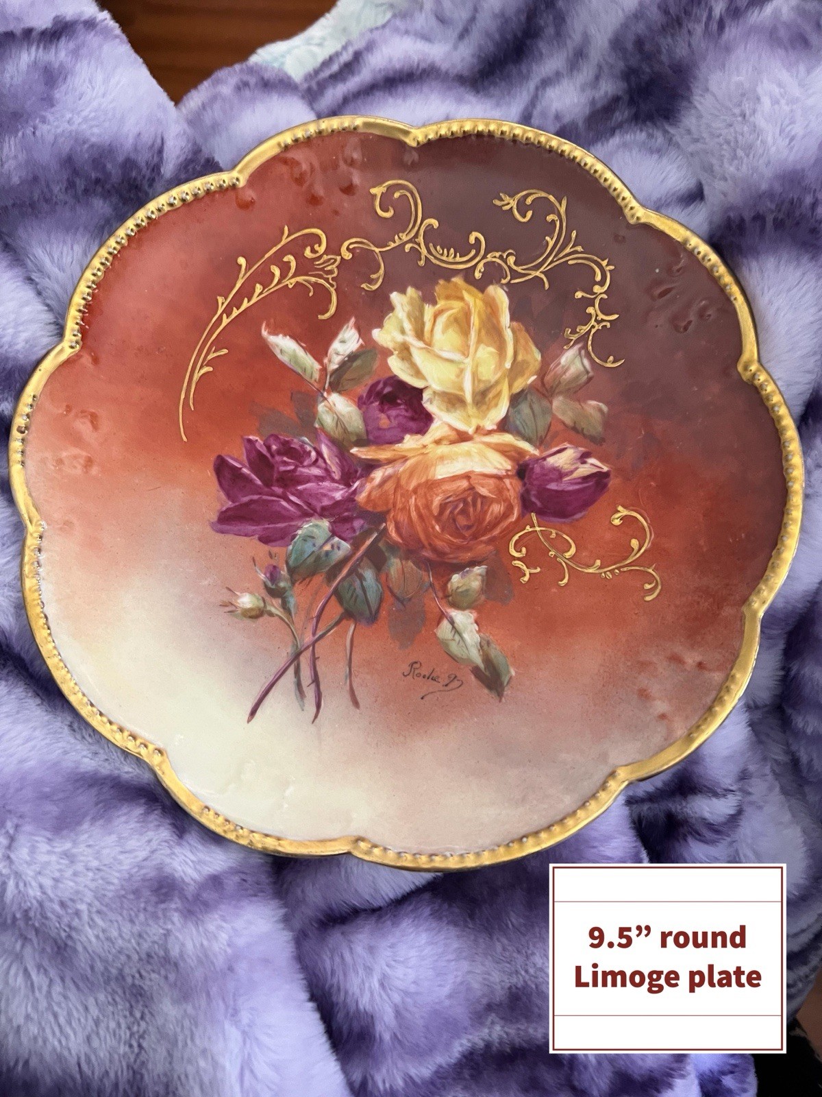 Antique AK CD Limoges France Hand Painted Rose Scallop Plate Signed Rousset 9.5”