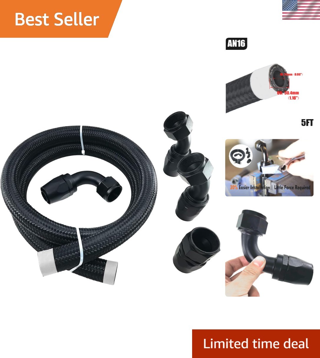16AN Braided Rubber Fuel Hose Kit with Fittings and Elbow Adapters, 5 Feet