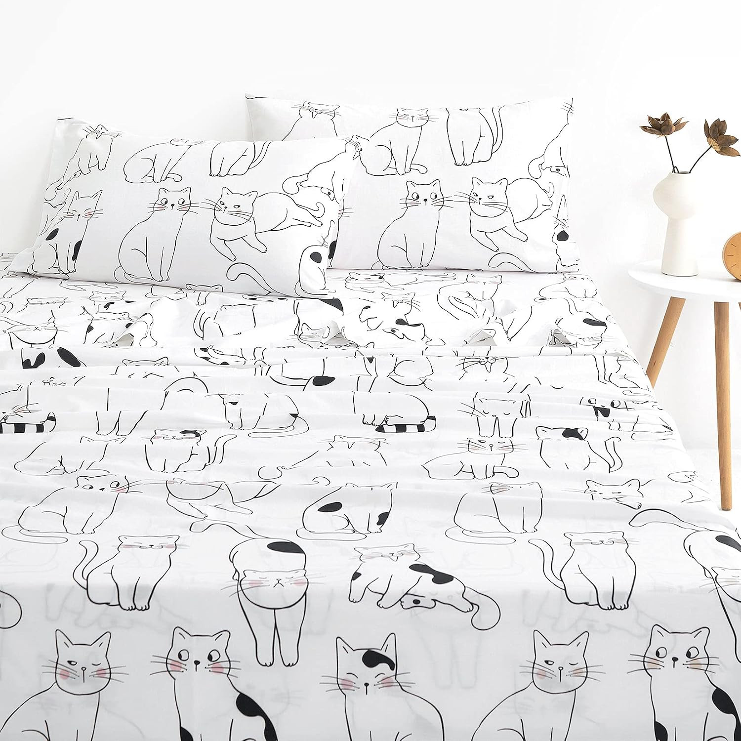 - Cats Bed Sheets, 100% Cotton, 4-Piece Sheet Set, Cute Cat Kitty Kitten Animal