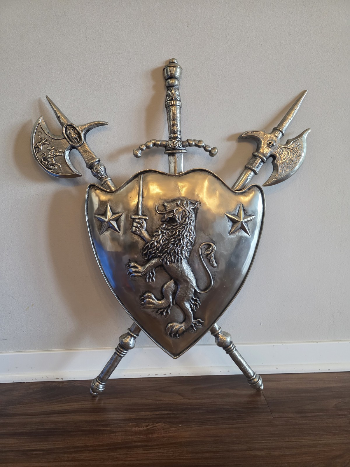 vintage rare COAT OF ARMS Iron Lion Axe Sword Medieval Ornament
