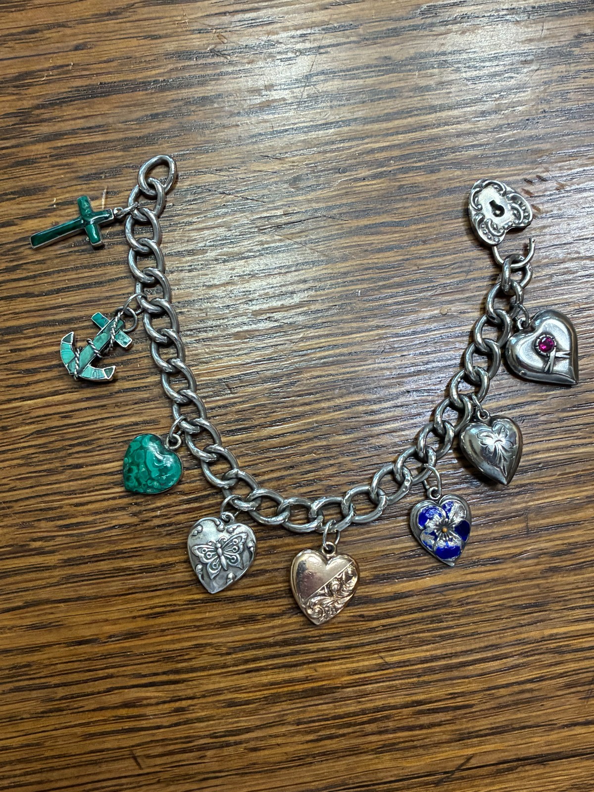 Vintage Puffy Hearts and Charm Bracelet, Sterling Silver Vintage Puffy Hearts and Charm Bracelet, Sterling Silver