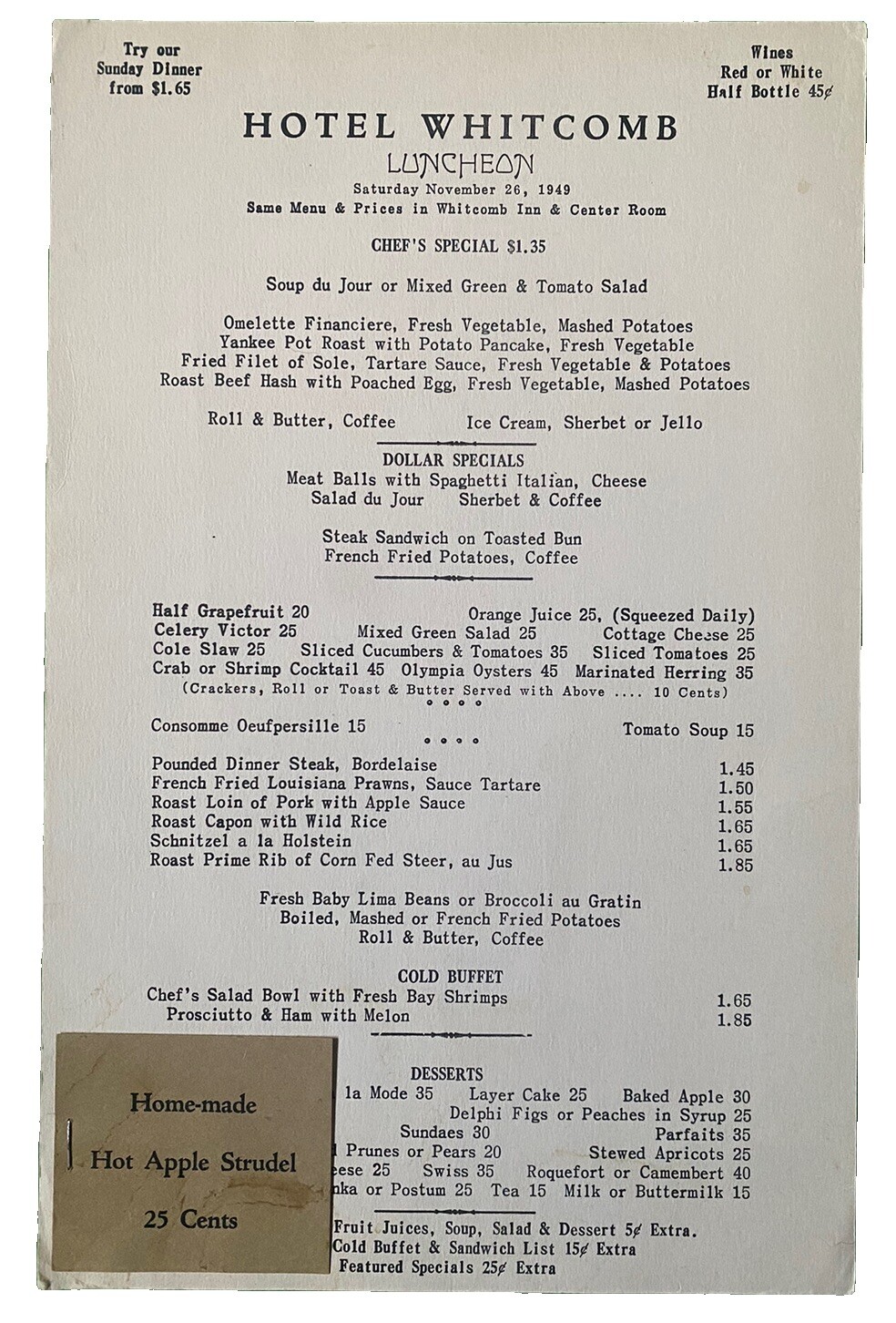 Vintage 1949 Hotel Whitcomb Luncheon Menu San Francisco California CA Vintage 1949 Hotel Whitcomb Luncheon Menu San Francisco California CA